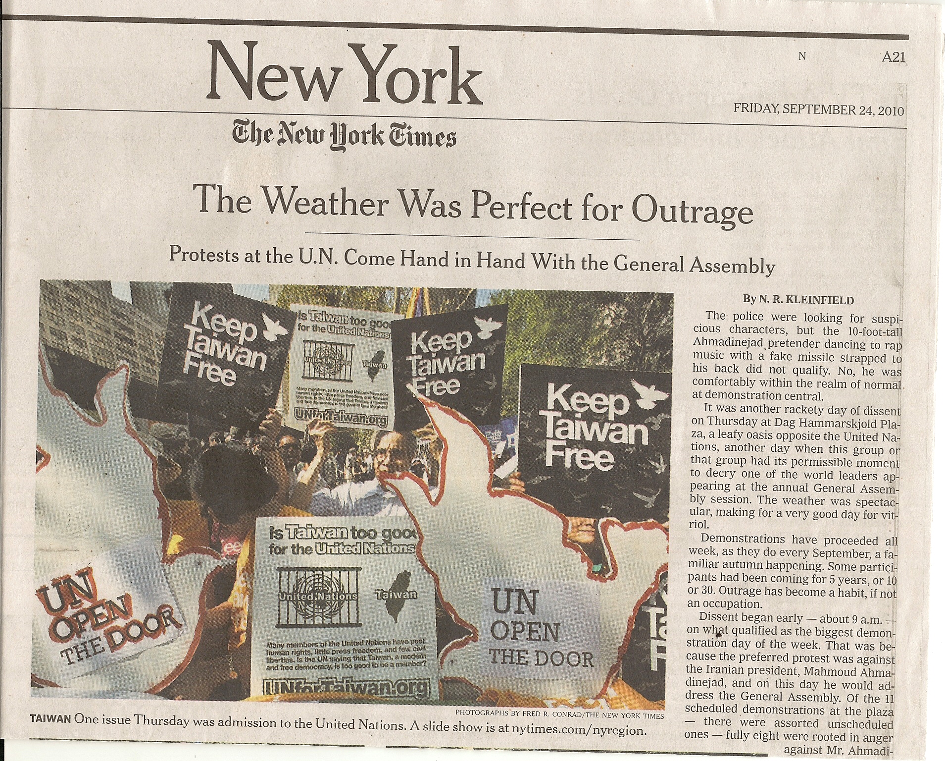 102 NY TIMES Keep Taiwan Free on Sept. 24, 2010 P A21